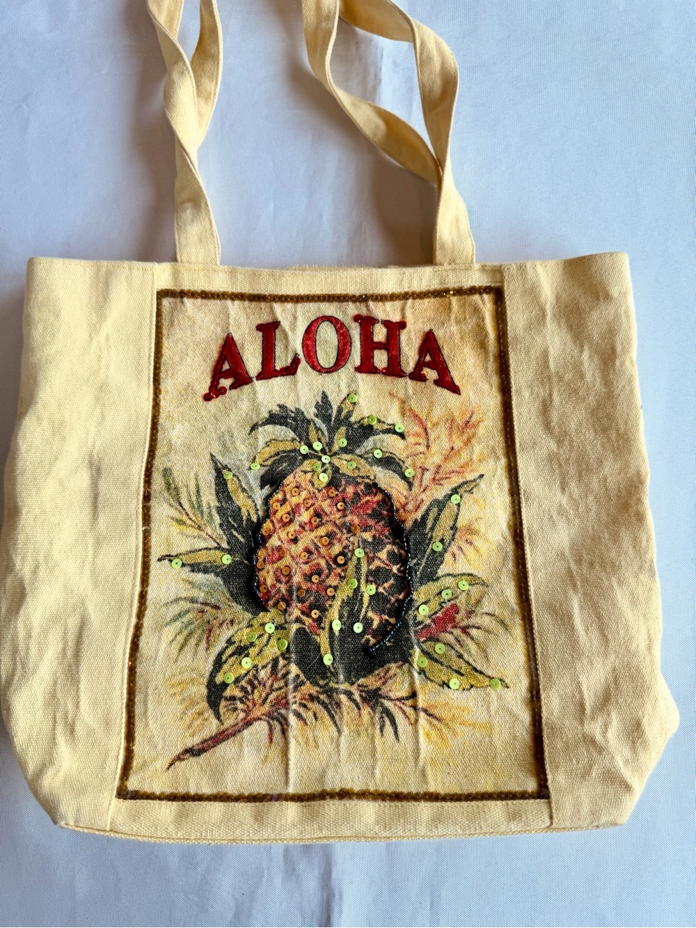 Aloha Pineapple Canvas Tote Bag in Light Yellow with Sequins